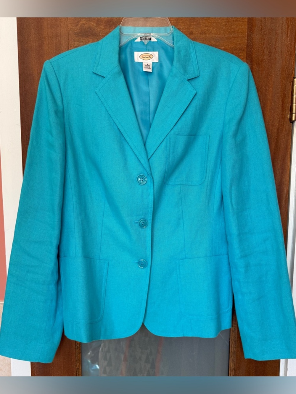 Talbot Woman Bright Azure Blue Three Button Irish Linen Blazer Jacket  8 LONG